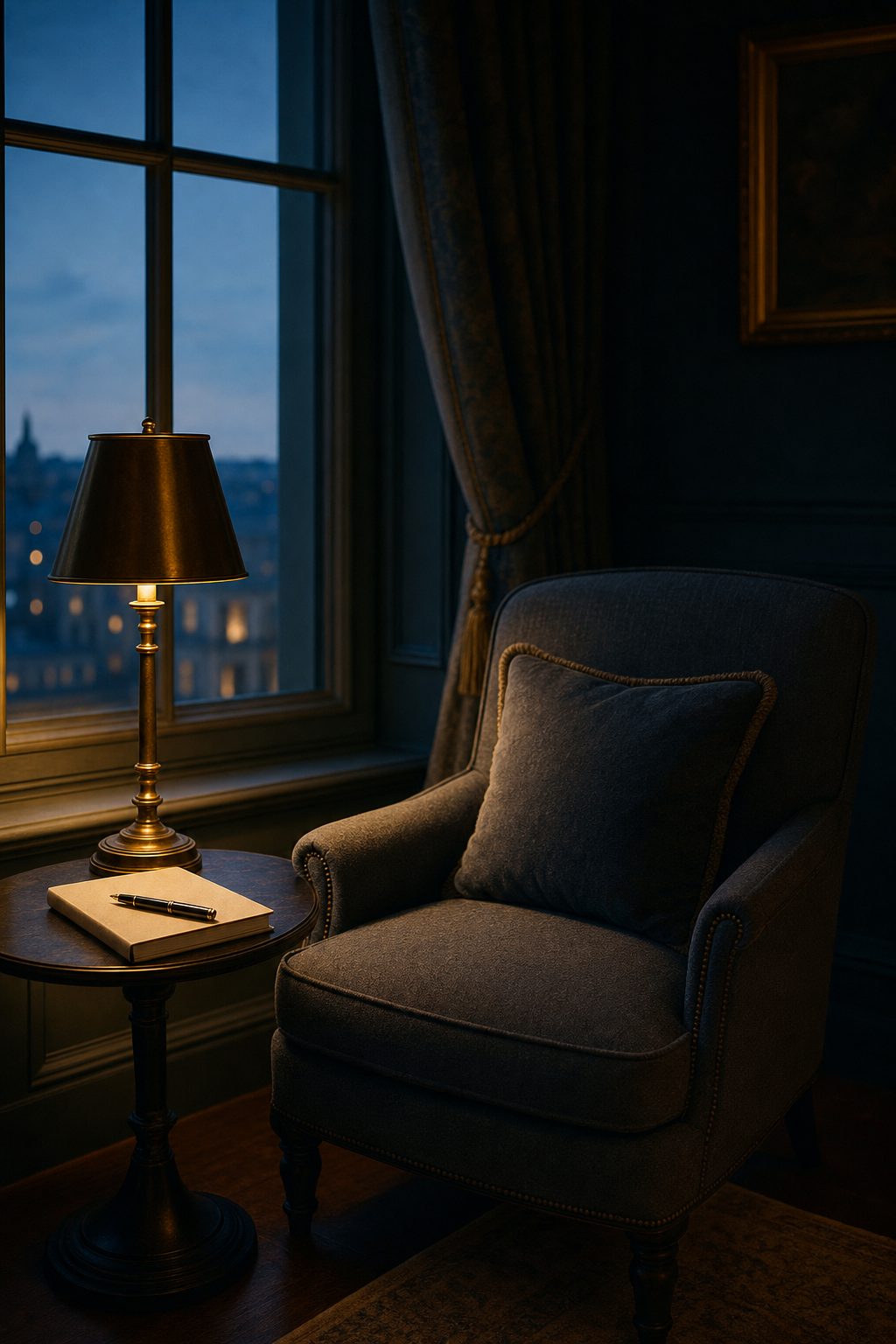 Sessel am Fenster in der Abenddämmerung, daneben eine Leselampe und ein Notizbuch